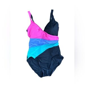 Vintage 80s One Piece Swimsuit angled striped medium or busty small